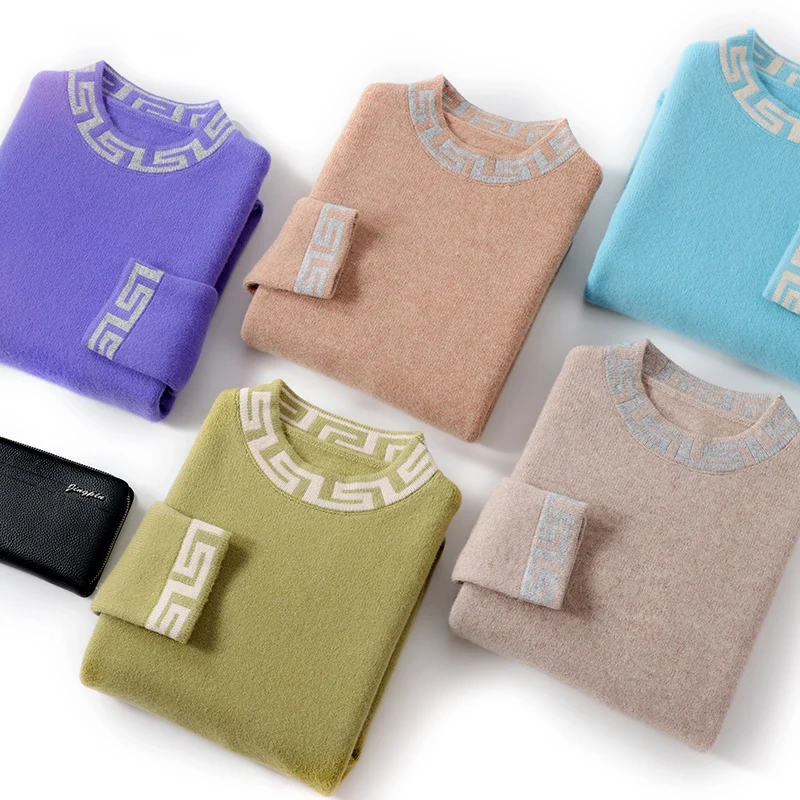 Autunno e inverno nuovo maglione di cashmere da uomo girocollo colore abbinato maglione casual spesso 100% pura lana lavorata a maglia fondo