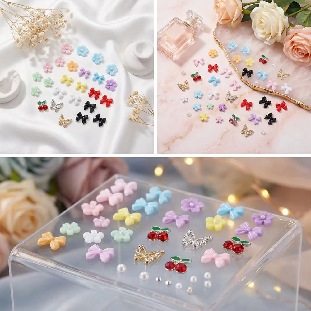 12/24 Gitter 3D Bunte Blumen-Schleifen-Nagelanhänger, gemischte Edelsteine, Perlen, Legierung, Schmetterlinge, Kirschen, Nageldekorationen, DIY-Maniküre-Teile – Detail 5