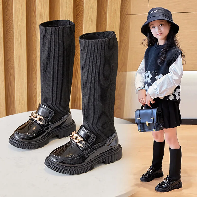 2023 New Winter Korean Over-the-knee Boot for Girls with Metal Chain Sock Boots Kids Fashion Solid Glossy Chic Girls Casual Shoe