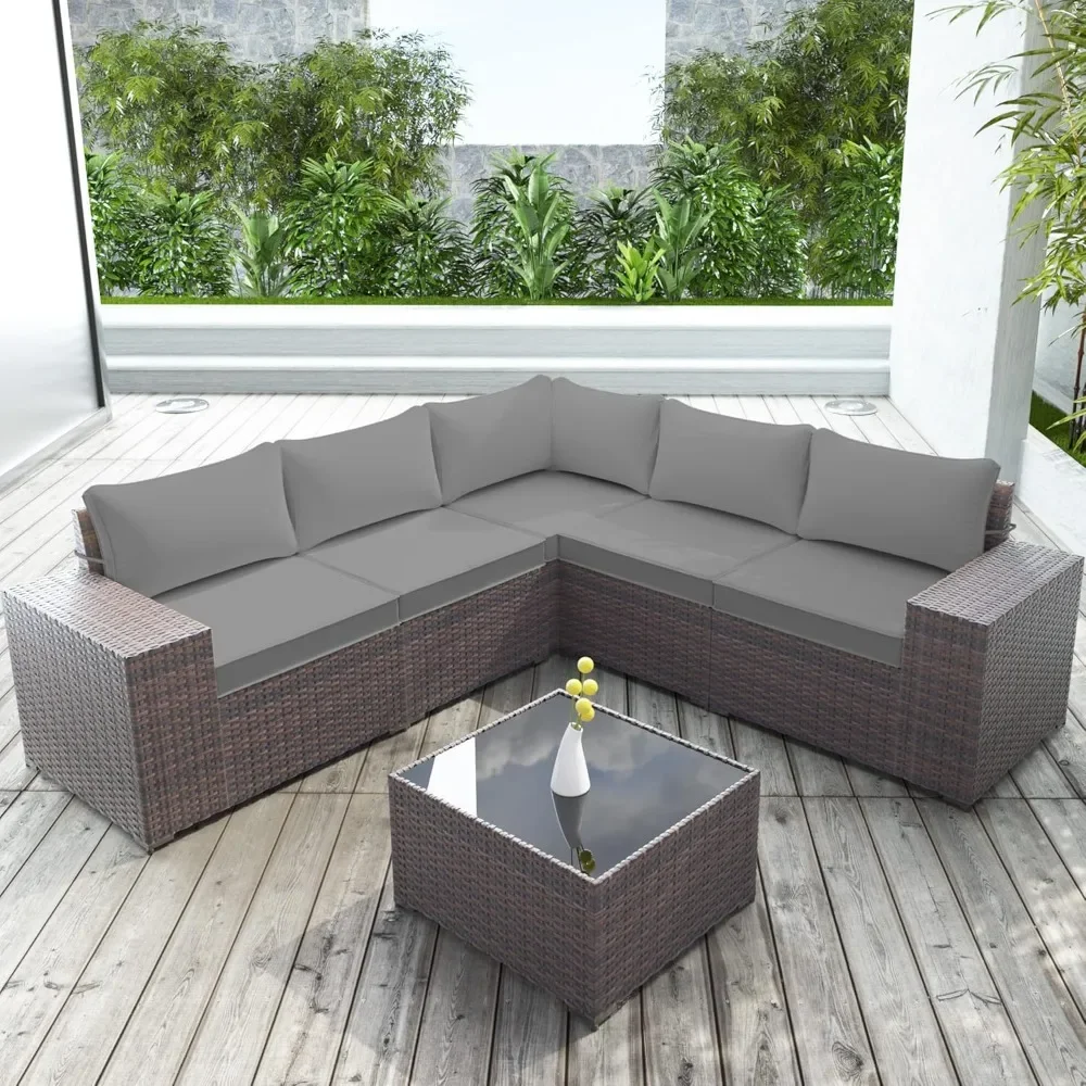 

6-Piece Patio Furniture Set, All-Weather PE Rattan Outdoor Sectional with Replaceable Grey Waterproof Cushions and Coffee Table