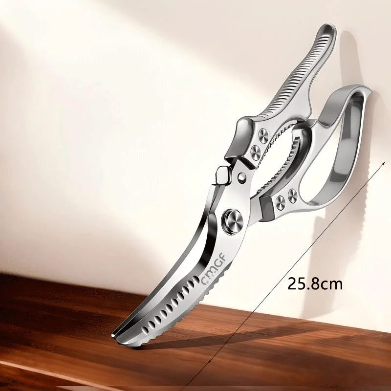 Multifunctional kitchen scissors made of strong stainless steel, suitable for cutting seafood and crabs, with a thickened, non-slip design. They can cut crab and shrimp shells, chicken, duck, and fish bones, and come with a bottle opener, nutcracker, fish scale scraper, and other multifunctional features in one. They are sharp, rust-resistant, and designed specifically for kitchen use