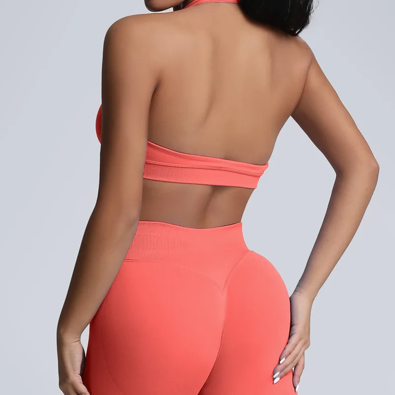 HISTELLO Nahtloser Neckholder-Sport-BH für Damen, offener Rücken, hoher Halt, gepolstertes Oberteil, für Pilates, Yoga, Fitness, Gym, Workout – Detail 17