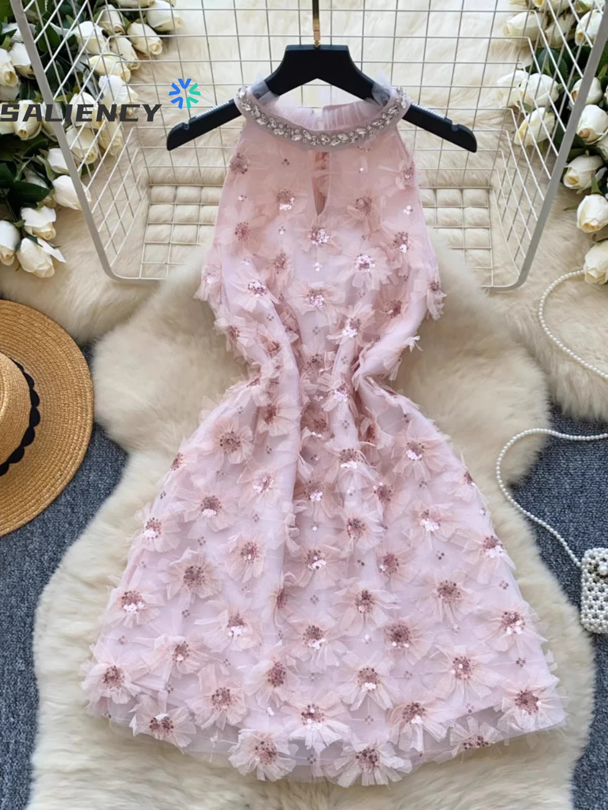 SALIENCY Korean Girl Aesthetic Evening Gown Dress Women Sequined Floral Sleeveless Halter Neckline Waist A-Line Dress