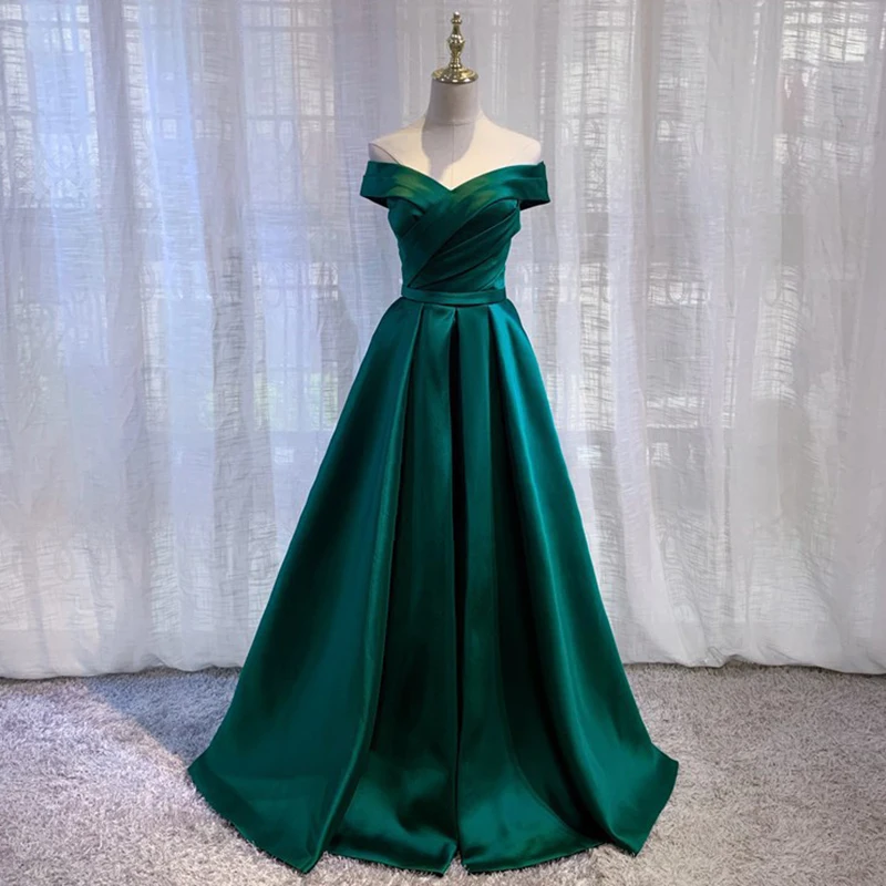 Green Gorgeous Satin Formal Evening Dresses Beautiful Off Shoulder Pleated Elegant Prom Gowns Long Party Dress Robe De Soiree