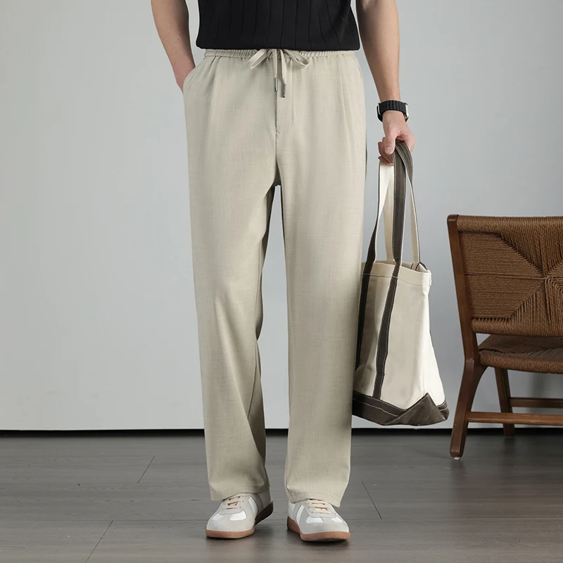 summer brand lyocell linen men's straight loose full length pants business casual elastic waist drawstring high quality trousers