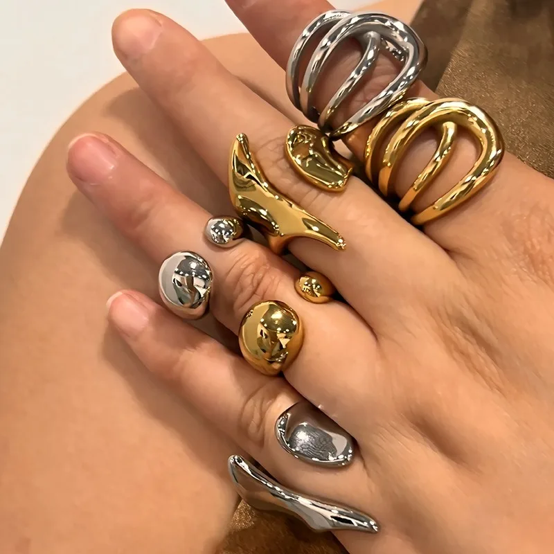 

New Geometric Irregular Drop Curve Stainless Steel Metal Open Adjustable Ring Banquet Fashion Jewelry Accessories For Women Lady