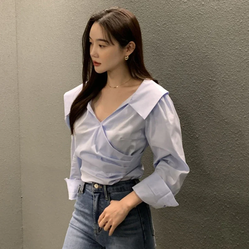 Komiyama Chic Cross Ruched Shirts Lapel Neck Long Sleeve Blouses New Aesthetic Tops Solid Casual Shirt Spring Clothes Women