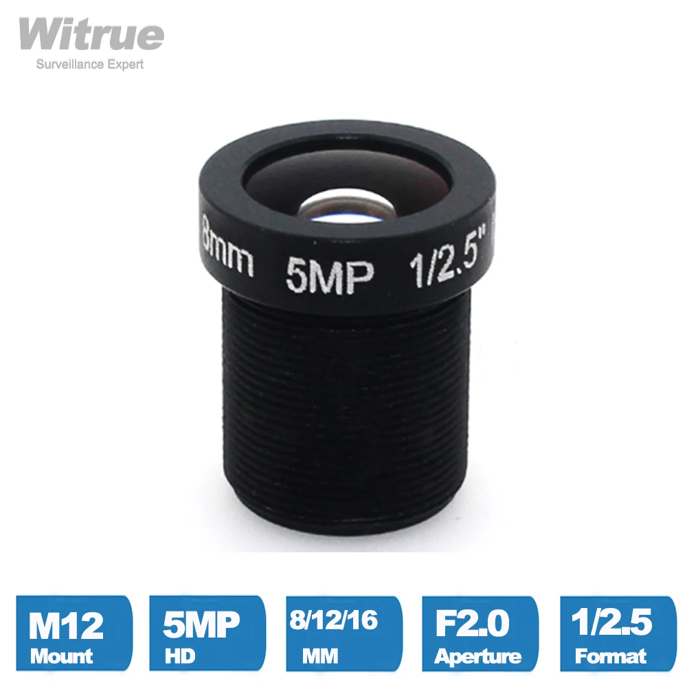 Lente de cámara CCTV HD 5 megapíxeles, montaje M12, 8MM, 12MM, 16MM, opcional, 1/2 \