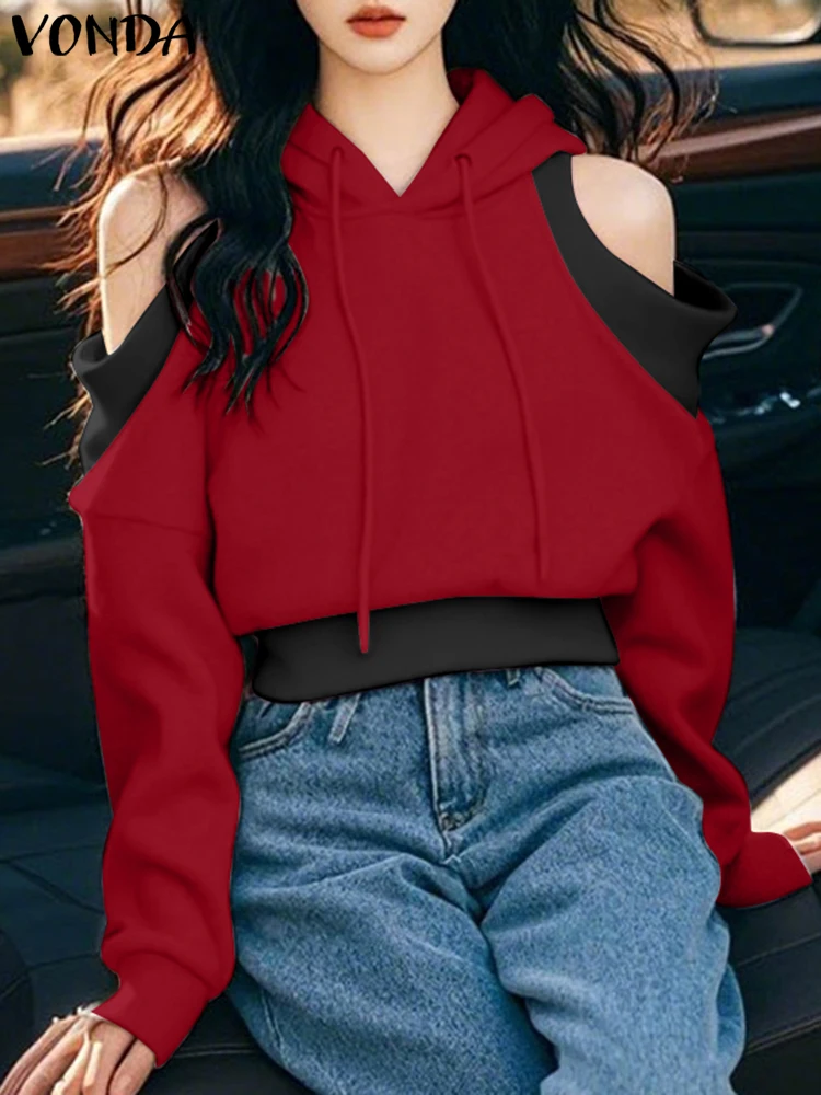 

VONDA Korean Sweety Off-The-Shoulder Patchwork Jumpers Women Sweatshirts 2024 Casual Long Sleeve Hooded Pullovers Oversized