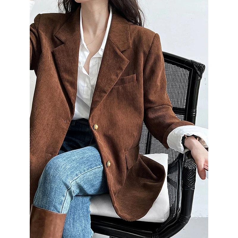 

QOERLIN Caramel Brown Corduroy Blazer Women 2024 New Notched Collar Single-Breasted Office Ladies Jacket Coat Female M-XXL