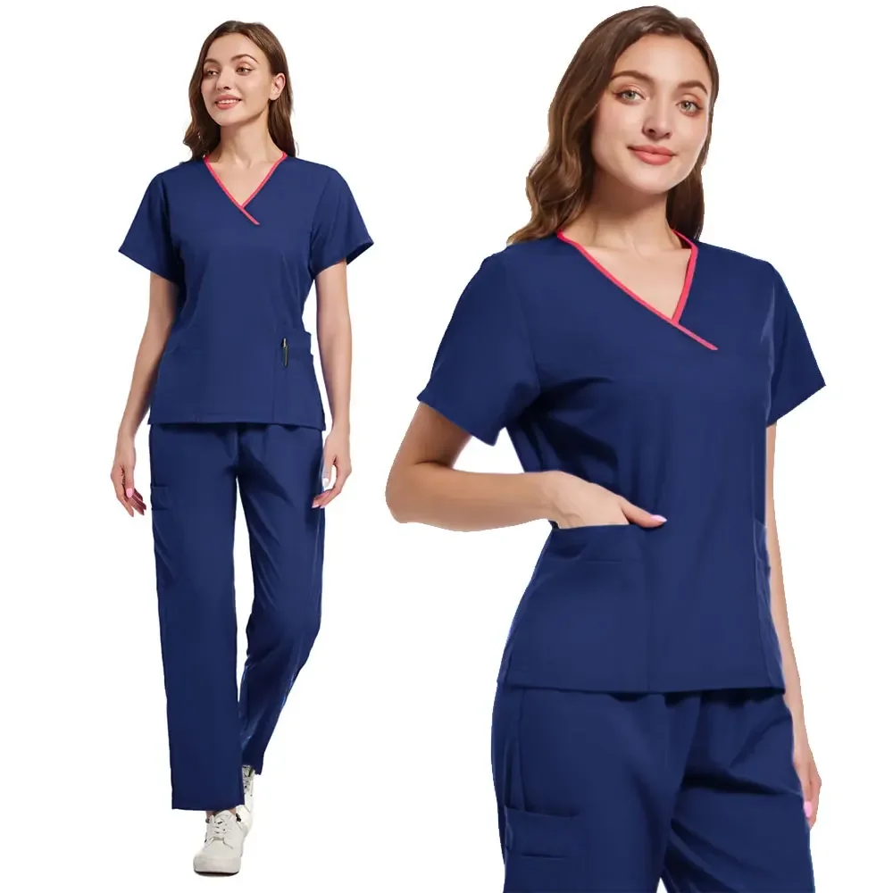 Mulheres manga curta gola V uniforme de enfermeira, calça de baqueta e top, casual conjunto de esfrega médica, Clinicos Mujer, verão