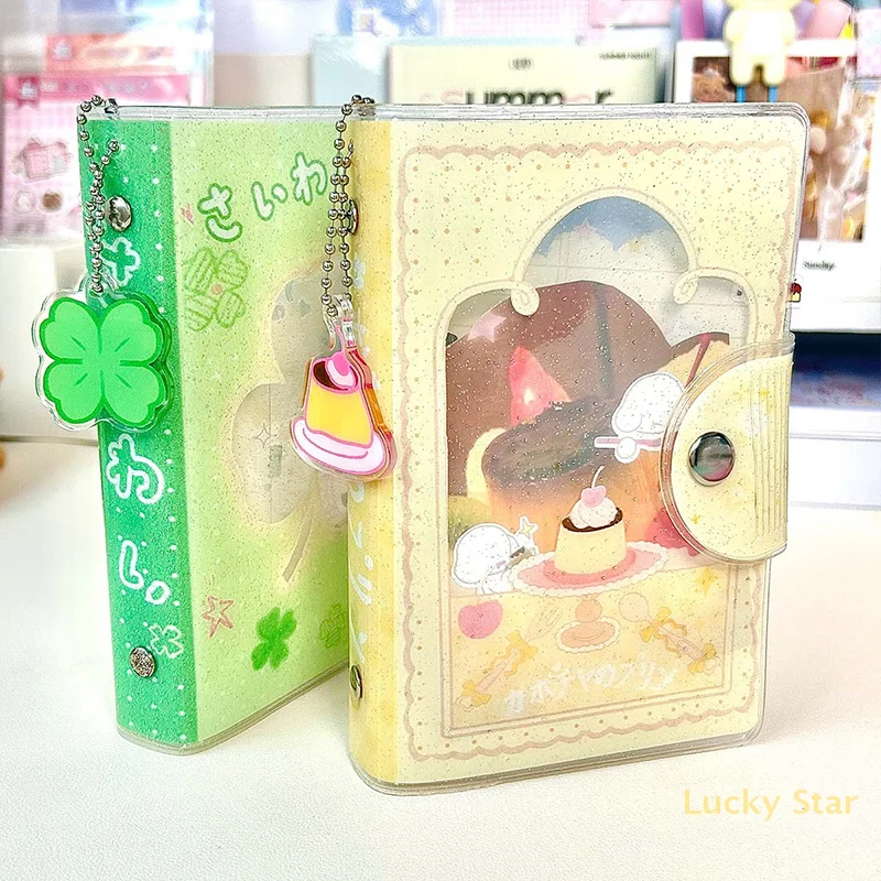 Removable Loose-Leaf Notebook Sticker Storage Book A7 Binder Four-Leaf Clover&Girl Glitter Pvc Pocket Notebook Portable