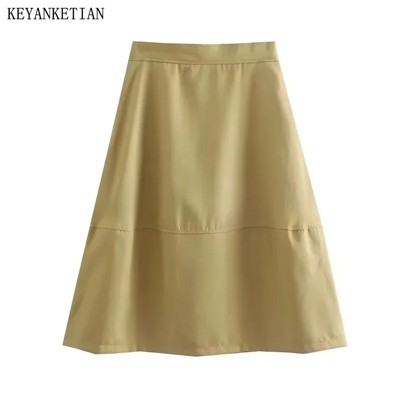 

KEYANKETIAN New Launch Women's Bright Effect Solid Skirt Stylish Simply Zipper High Waist A Line Mid-Calf MIDI Skirt Female