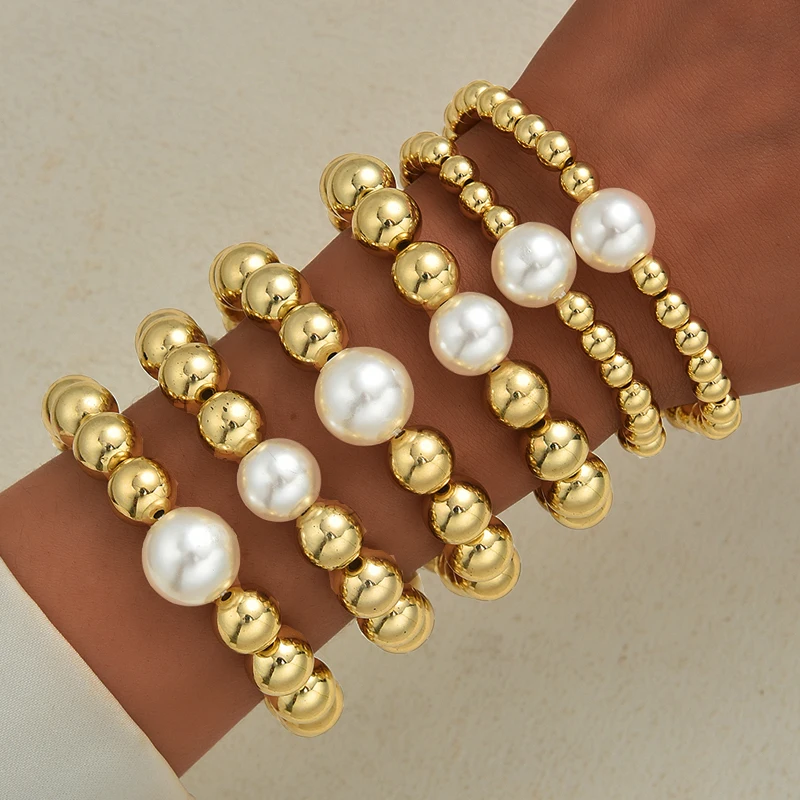 6pcs Bohemian Pearl Stackable Beaded Bracelets Set Vintage Chunky Gold Color Geometric Multilayer Elastic Bracelets Daily Wear