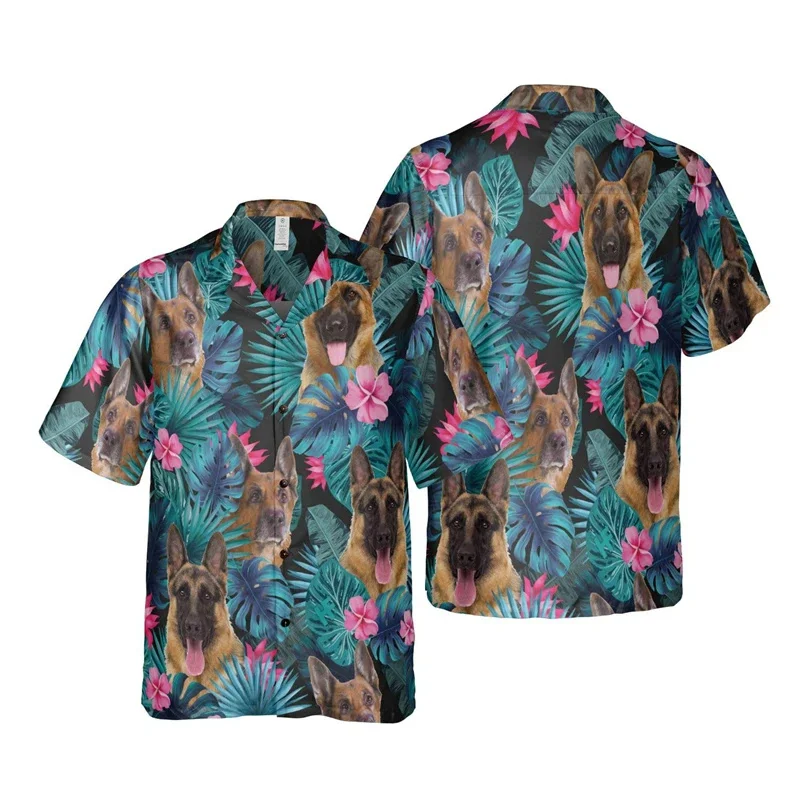 German Shepherd Graphic Aloha Shirt For Men Pet Dog Animal 3D Printed Hawaiian Shirts Loose Cartoon Blouses Lapel Button Tops