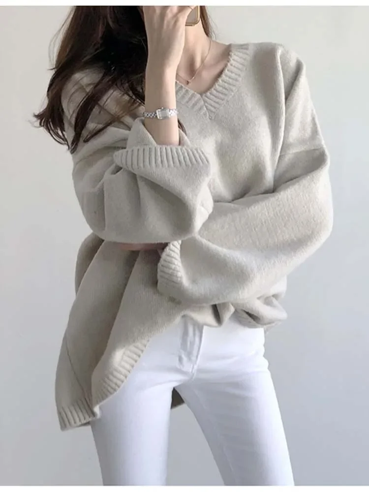 

Fashion Winter Clothes Woman Sweater Autumn Solid Basic V-neck Pullover Casual Soft Loose Long Sleeve Tops Outerwear Sweater