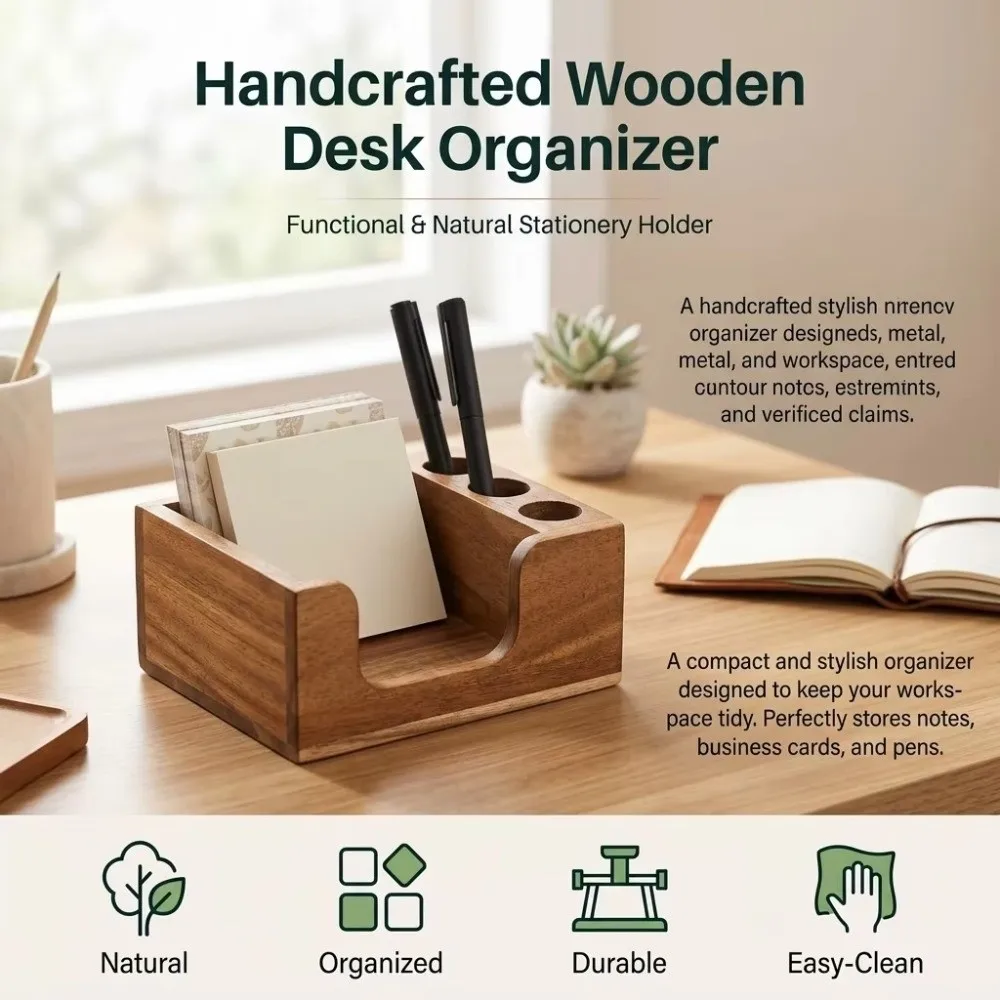 Solid Wood Wooden Desk Organizer Smooth Surface Eco-Friendly Finish Note Card Storage Box 3 Pen Holders Stationery Storage Box
