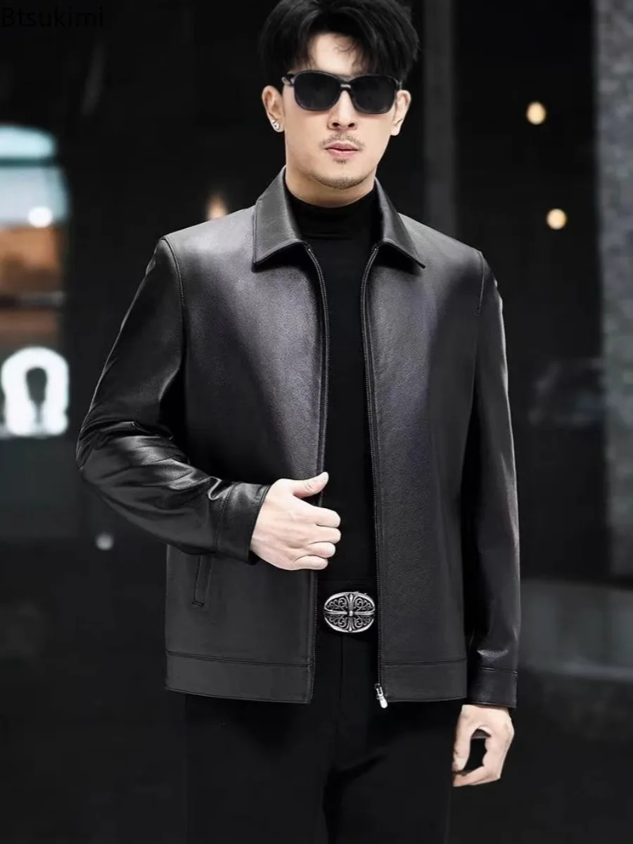 

2025 Men's Autumn Winter Lapel Leather Jacket Vintage Tight Motorcycle PU Clothing Casual Fashion Leather Jacket Male PU Coats