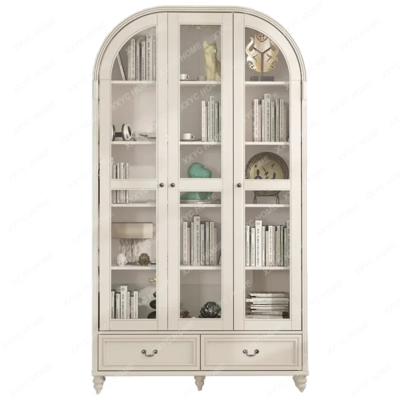 Style Solid Wood Arched Bookcase with Glass Doors, Ivory White Vintage Storage Display Cabinet, Floor-standinglx
