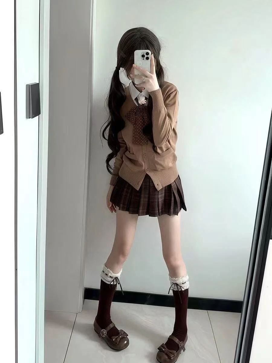 

Early Japanese Style JK Uniform Brown Long Sleeve Open Cardigan Sweater School Feel Skirt Set Fashionable College Look