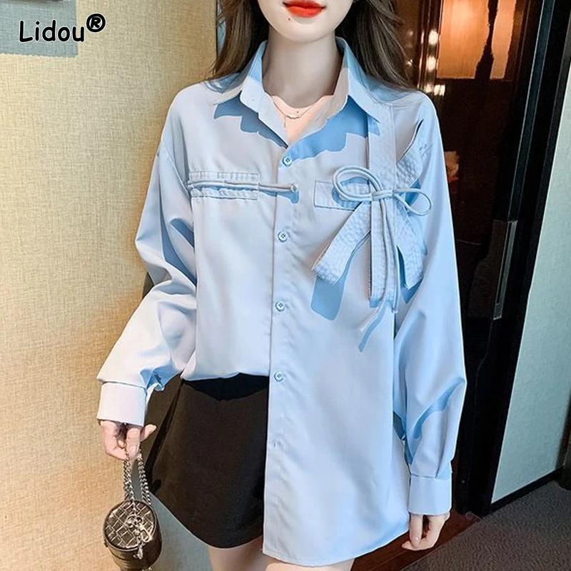 Fashion Patchwork Street Casual Solid Loose Turn-down Collar Bow Tie Blouses Sweet Temperament Women\'s Clothing Spring Summer