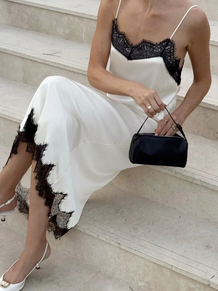 2025年 Vネック レース キャミソールワンピース レディース パッチワーク ノースリーブ ルーズ 通勤 2025年新作 ストレートワンピース レディース マキシワンピース