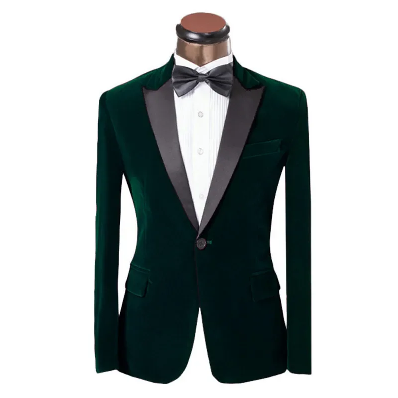 

Peak Lapel Dark Green Velour Coat Slim Fit Men Suit Men Velvet Formal Prom Performance Groom Wedding Tuxedos (Jacket+Pants)