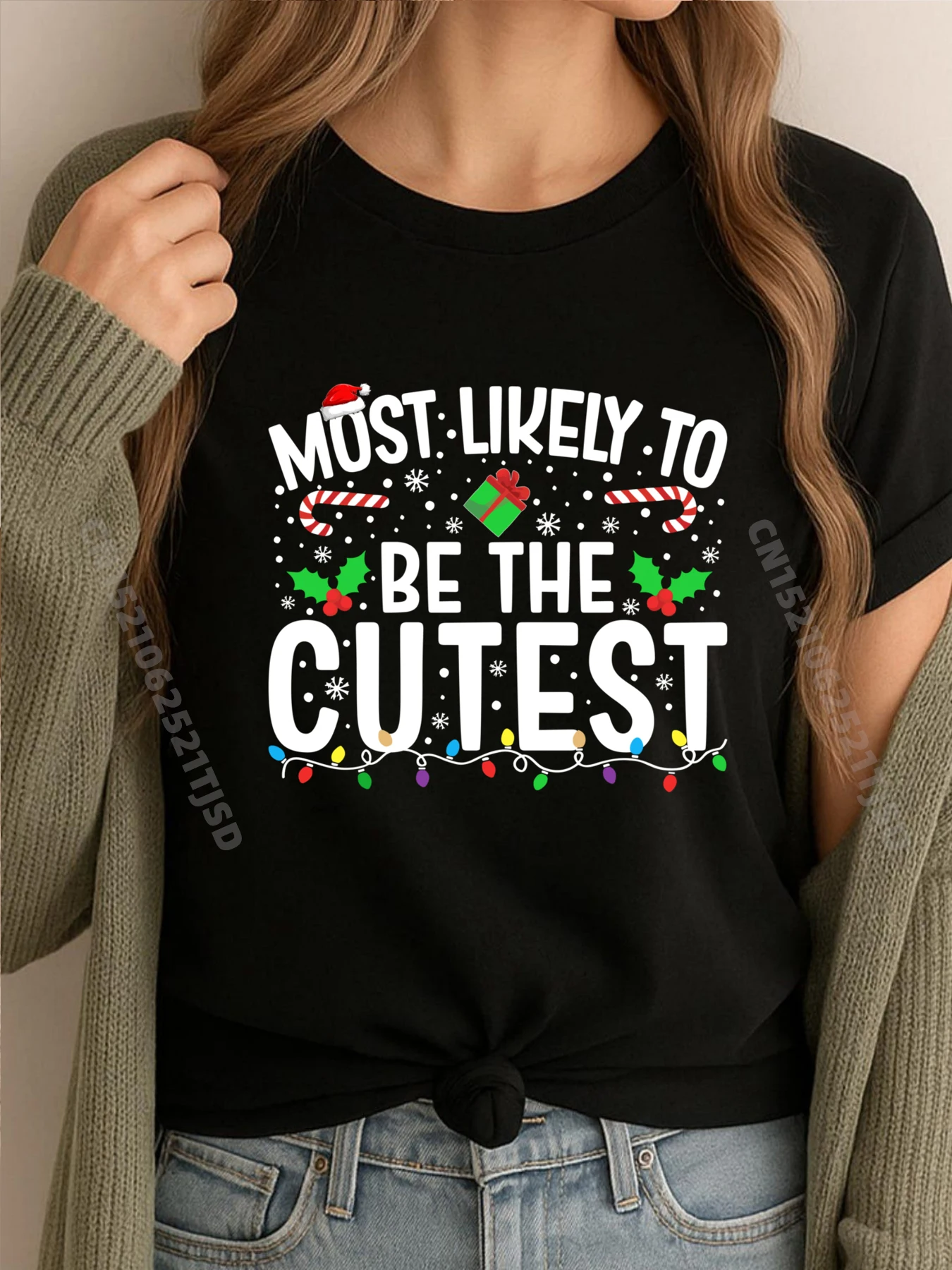 

Самая Likely To Be The Cutest Одинаковые семейные рождественские мужские корейские модные женские весенние футболки с короткими рукавами с алфавитом