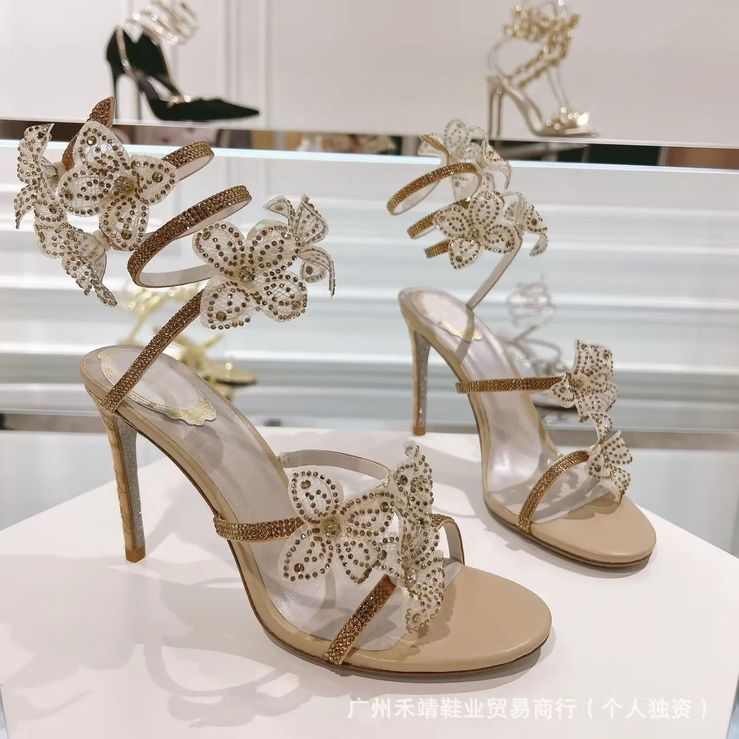 

Rhinestone Strappy Floriane Margot satin sandals crystal floral round open toe wraparound branded leather high stiletto heels