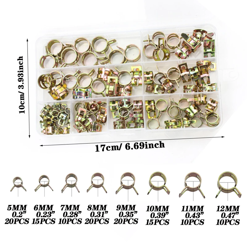 120Pcs Japanese-Style Spring Press Quick Clamps, Sizes 5-12mm, Galvanized Pipe Clamp Set in a Box, Suitable for Water Pipes, Rubber Hoses, and Automotive Fuel Lines