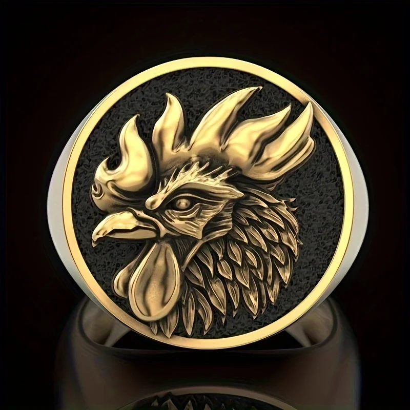 Personality Vintage Carving Rooster Punk Rings for Men Noble 14K Gold Plated Drip Oil Biker Rings Male Birthday Gift