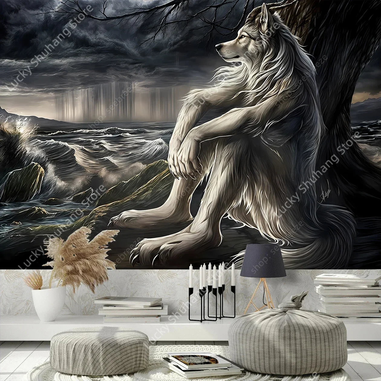Emo White Wolf Sitting Meme Flag Tapestry Werewolf Tapestries for Bedroom Printed Home Decor Paintings Room Wall Hanging Posters