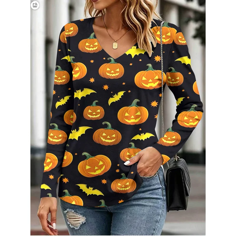 Women's Halloween-themed long-sleeved topVCollarTLoose-fitting, slimming, versatile top for creating a stylish look