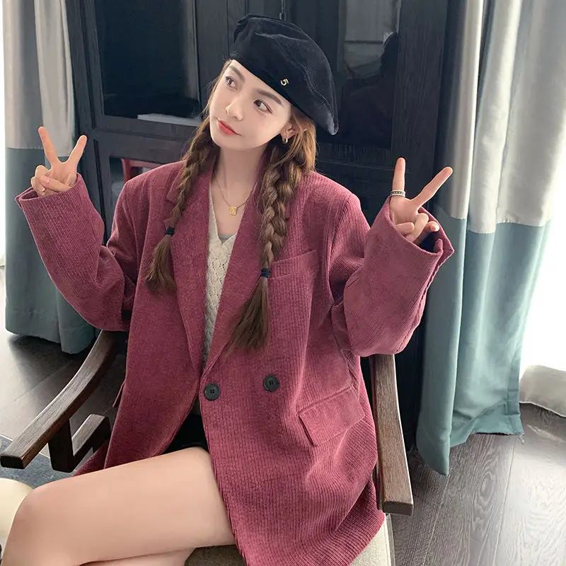

Women's Rose Pink Single Breasted Loose Suit Jacket Autumn Winter Outerwear Loose Casual Female Long Sleeves Thin Coat