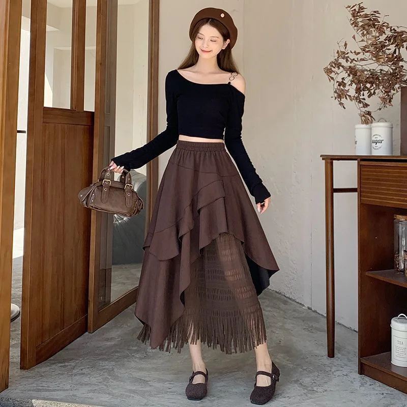レトロスエードイレギュラー2025秋フリル付きハイウエストレーススプライシングスカート