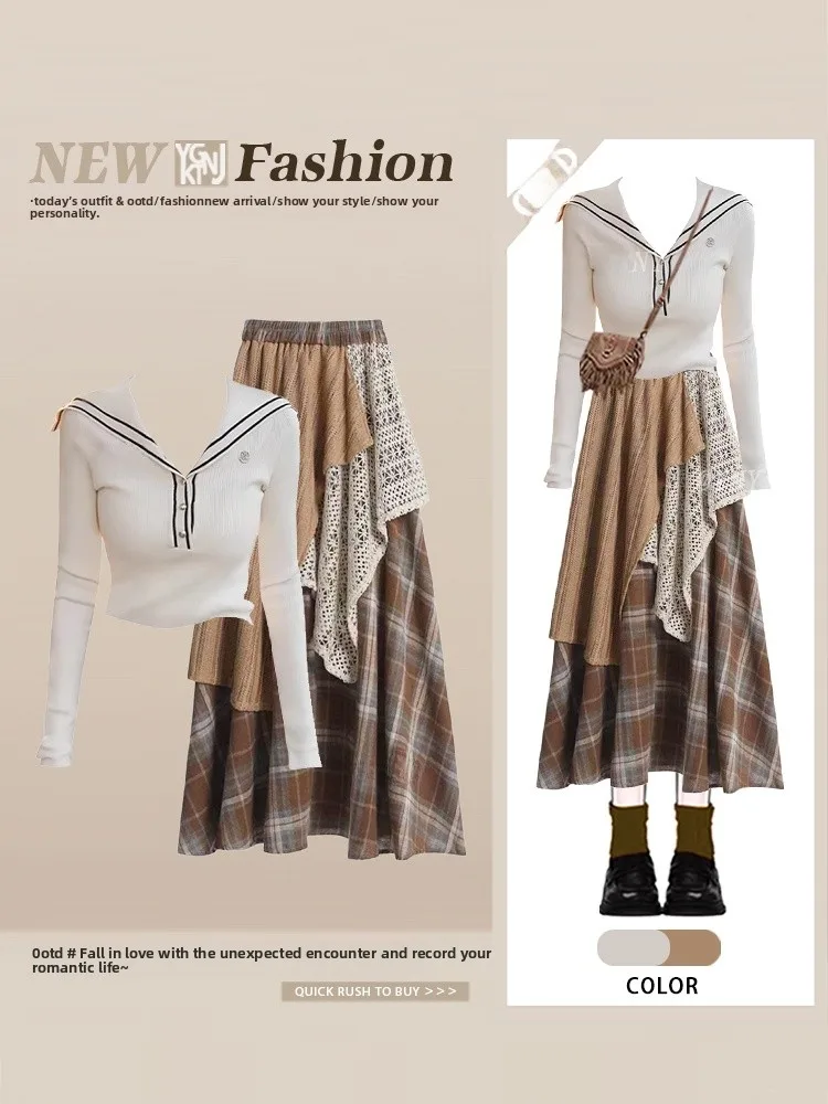 

Naval Collar Knitted Top And Plaid Skirt Set Autumn Collection College Sle Patchwork Design Casual Wear for Women