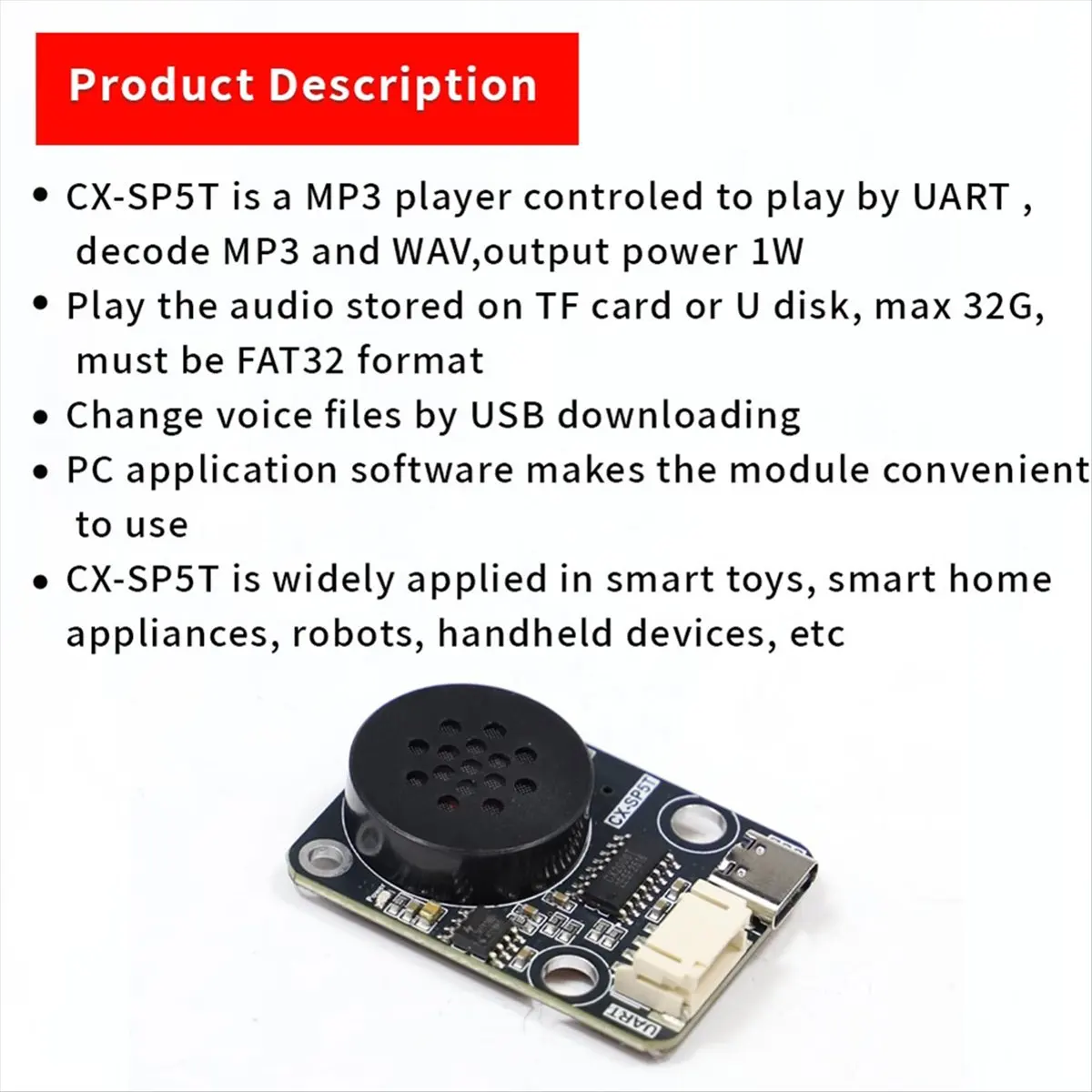 ABAN -SP5T Development Kit MP3 Voice Playback Module UART Serial Port Control Intelligent Voice Broadcast Voice Play Module