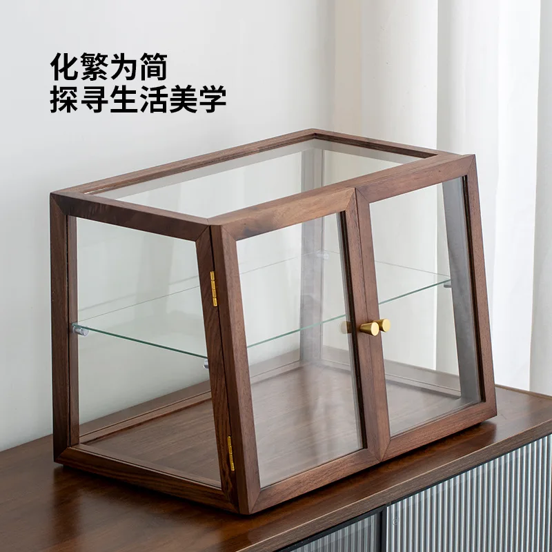 

Walnut Desktop Storage Cabinet Transparent Glass Pastry Dessert Display Locker Tea Ware Cup Dust Display Cabinet