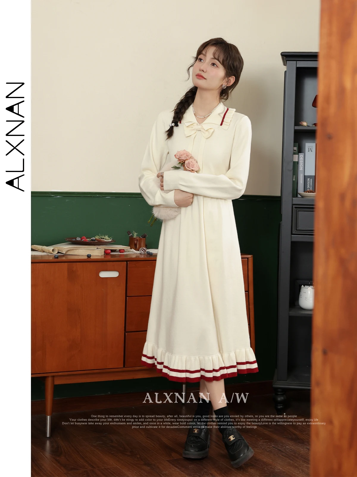 

ALXNAN Apricot Patchwork Polo Collar Midi Dress for Women 2024 Autumn Winter Gentle A-line Long Sleeve Dresses Female LXN329107