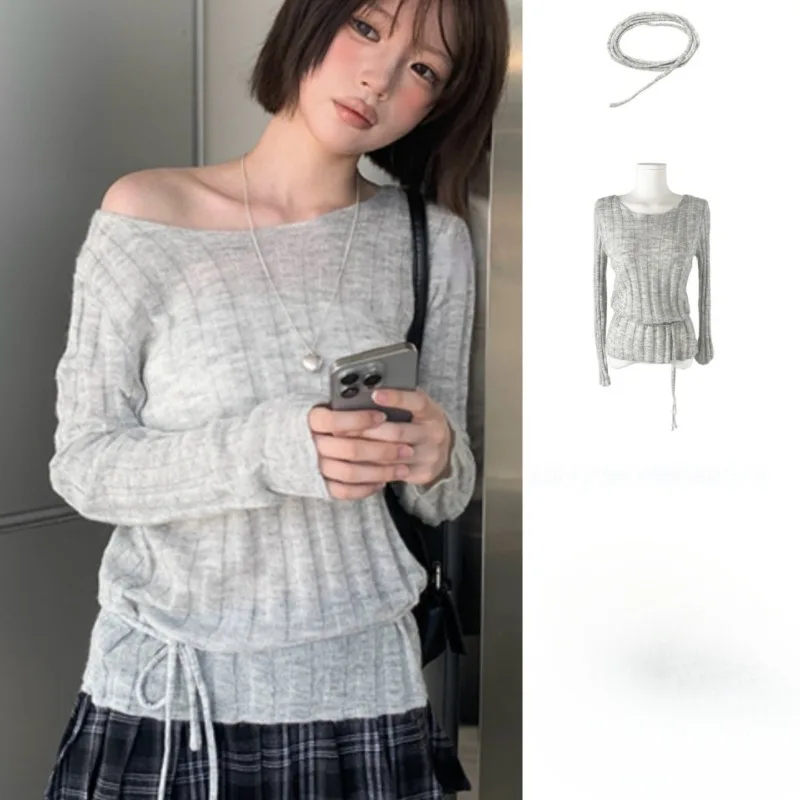 

Korean O-neck Threaded See Through Thin Long-sleeved Sweater Women 2025 Autumn New High Street Lace-up Solid Color Knitted Tops