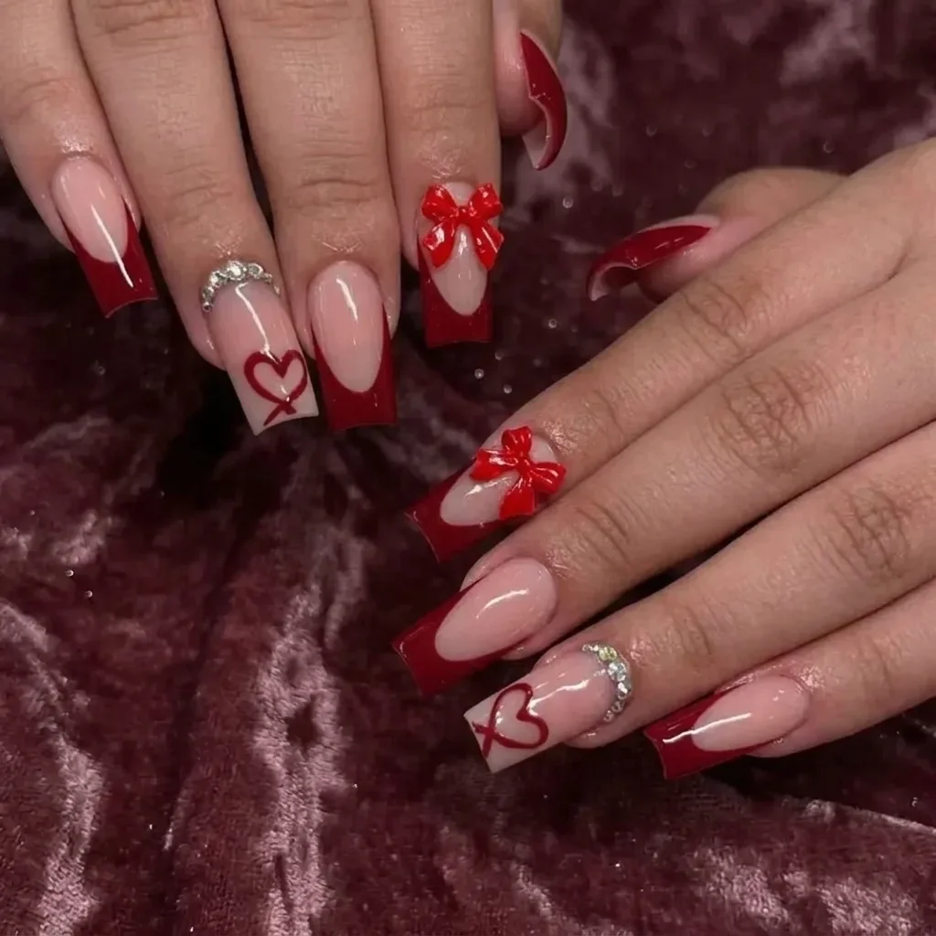 Medium Square Red French Press On Nails Nude Base 3D Red Bow Heart Rhinestone Fake Nails Glossy Reusable Detachable False Nail Tips For Women Valentine Daily Party Manicure