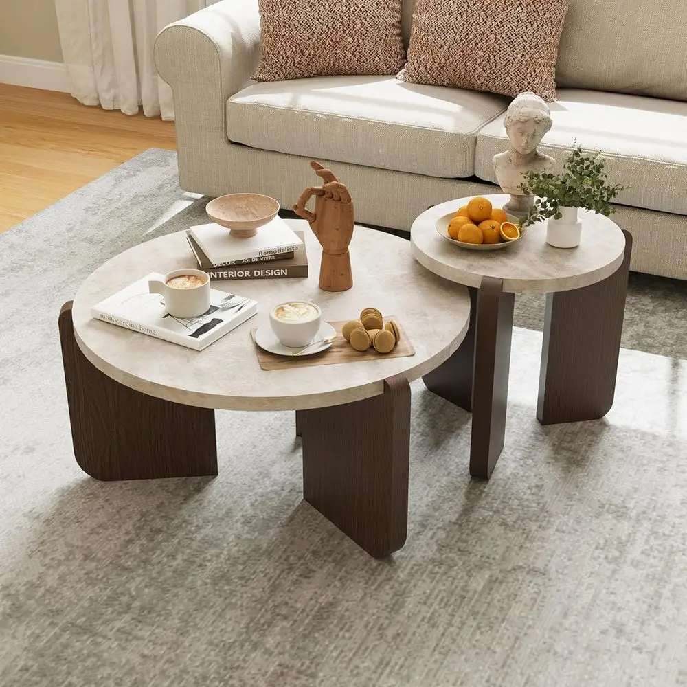 Round Coffee Table & Side Table Set, Marble Wood Top, Walnut & Cream White Legs, Minimalist Living Room Center & Accent Table (2