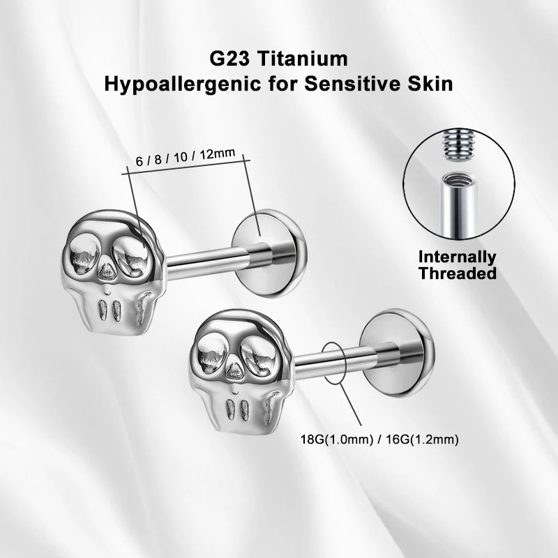 ASTM F136 Titanium Ear Stud Earrings Nose Ring, 18G/16G Skull Shaped Internally Threaded Flat Back Labret Body Piercing Jewelry
