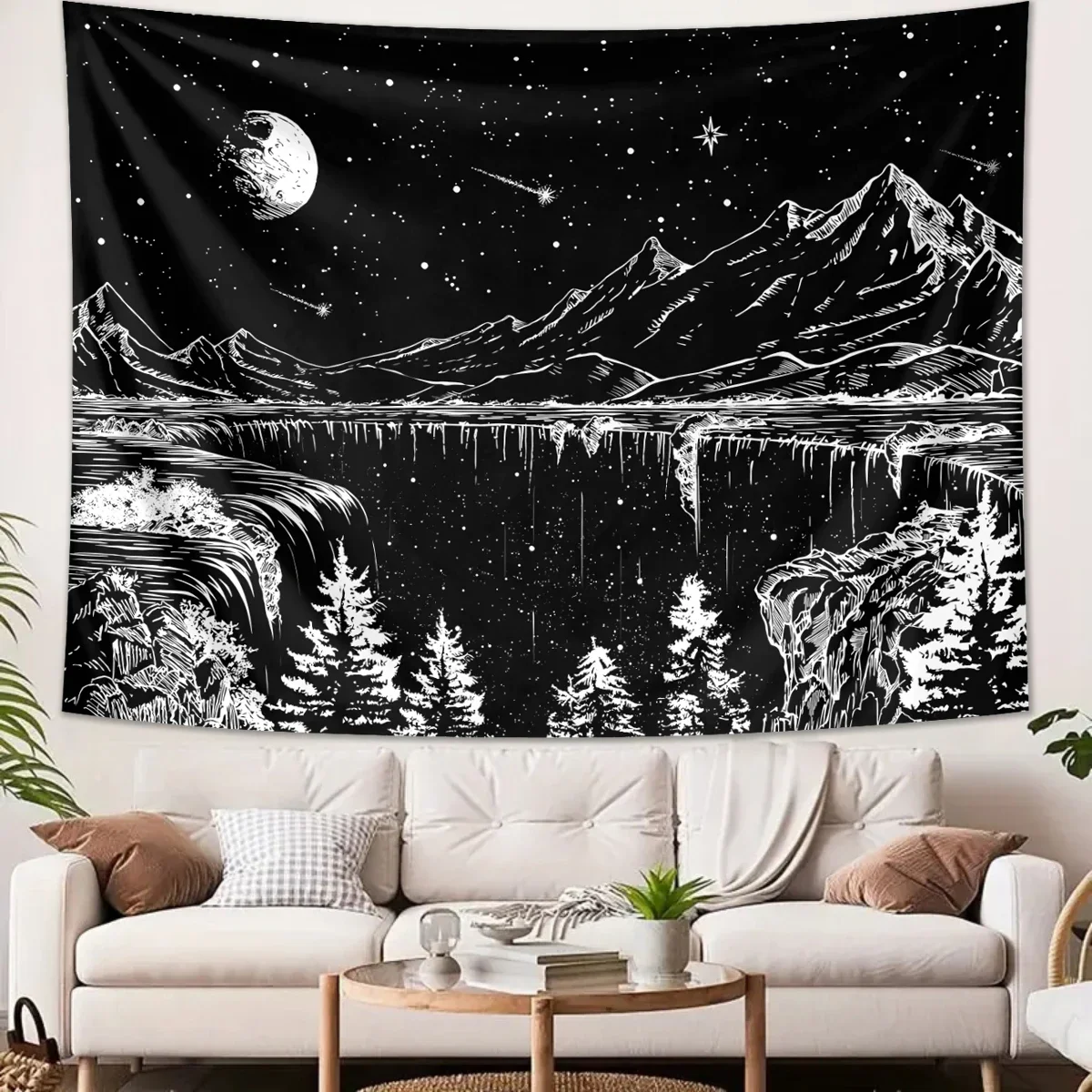 1pc Black And White Abstract Landscape Tapestry Starry Night Mountain Tapestry Bedroom Aesthetic Moon And Star Tapestry