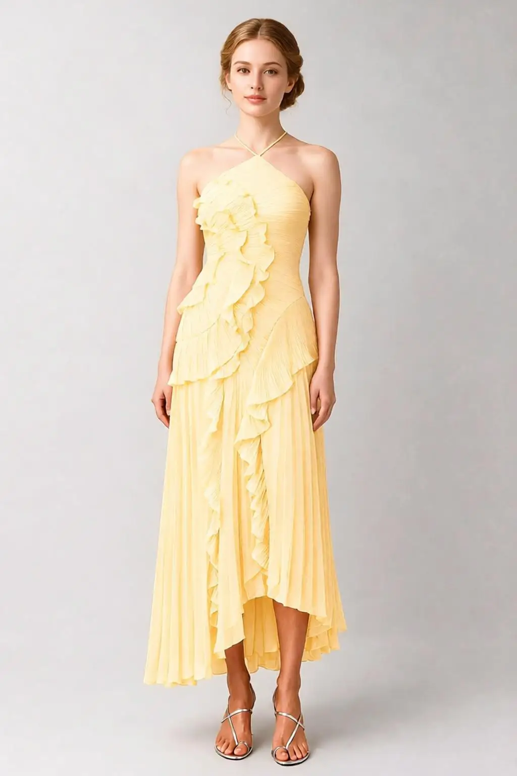 spring-summer-new-yellow-strapless-solid-color-backless-chiffon-fashionable-temperament-slim-fit-pleated-dress