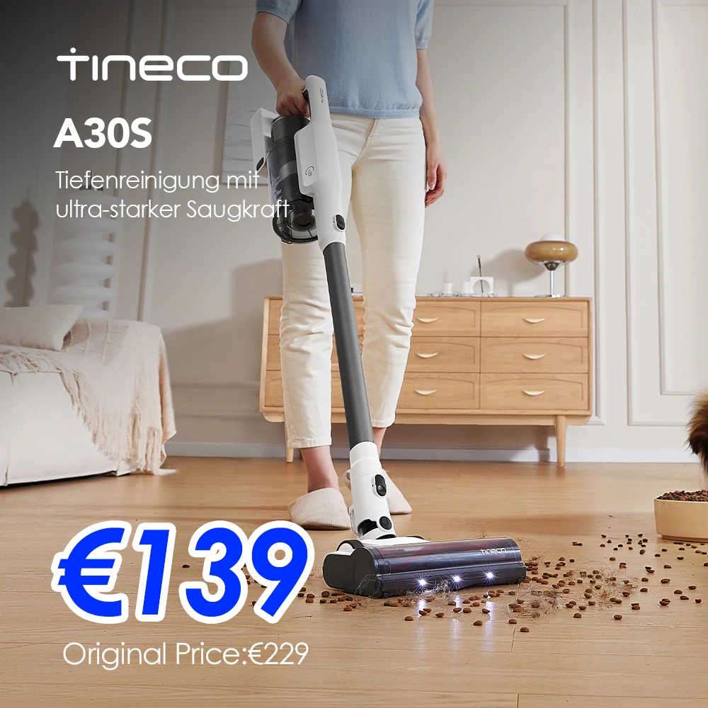 Tineco A30S Akku Staubsauger, Kabelloser Stabstaubsauger 160W 20000pa 60 Min Laufzeit, Handstaubsauger mit 1L Staubbehälter ZeroTangle Bürste für Tierhaare, Akkustaubsauger für Hartböden