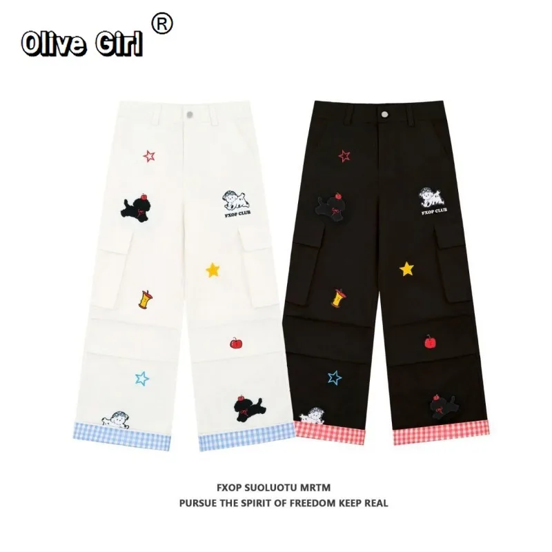 

Olivegirl Denim Jeans Apple Puppy Dog Embroidered Tooling Plaid Women's Trousers 2026 Summer Loose Casual Wide-leg Pants