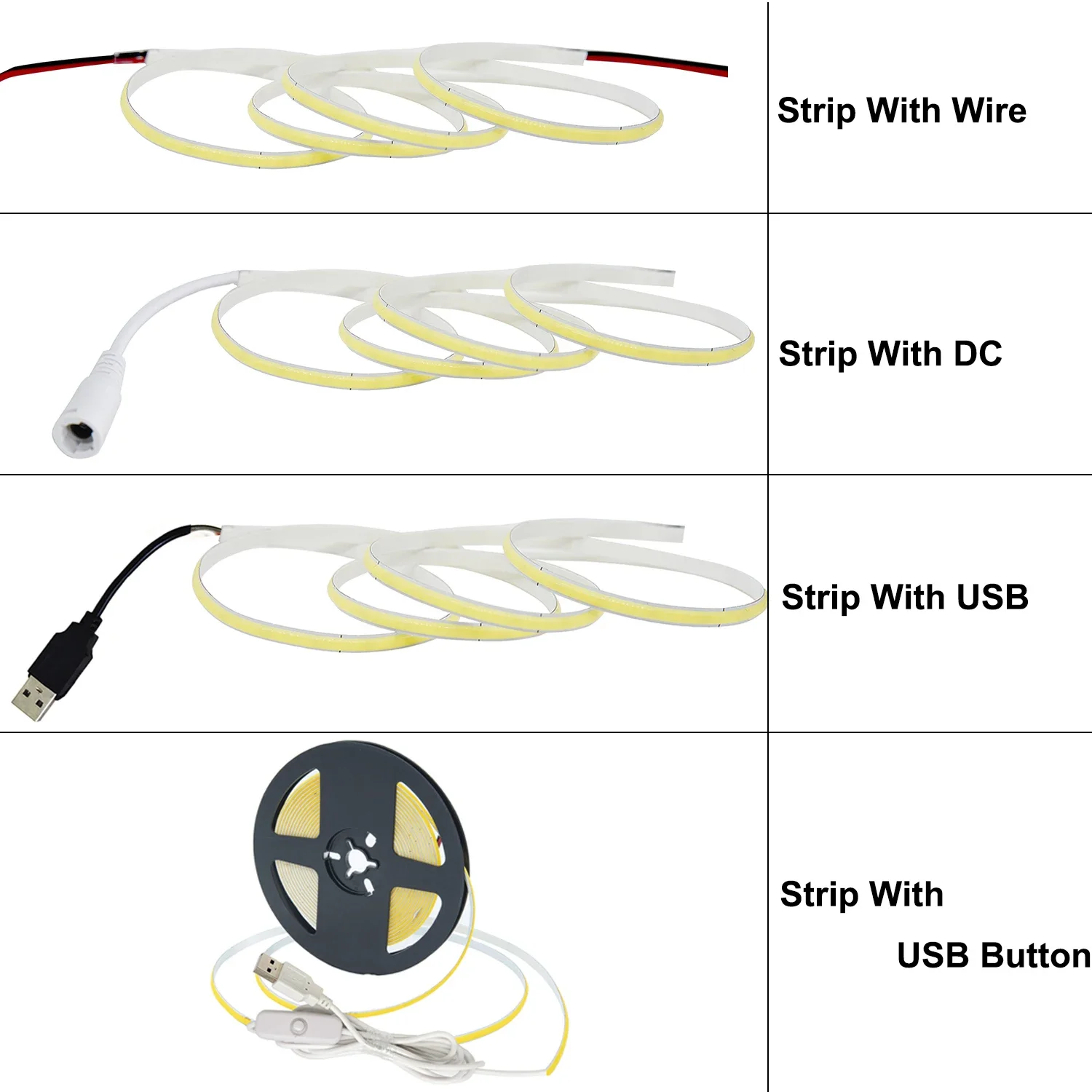 USB/DC/провод 5 мм, 8 мм, COB Светодиодная лента, 5 в постоянного тока, регулируемая лента, лента 320 светодиодов/м, гибкая строка для декора, Led 3000K, 4000K, 5700K