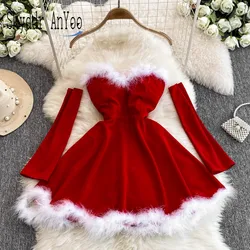 Vestido de Natal peludo sem alças feminino, mini vestidos sexy, curto, clube, festa, senhoras, ano novo, 2024