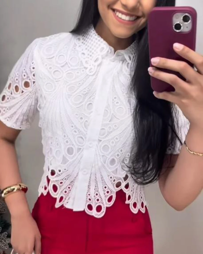 Top Women 2025 Spring New Lace Turn-Down Collar Short Sleeve Blouse Casual Hollow-Out Asymmetrical Hem Crop T-Shirt Top